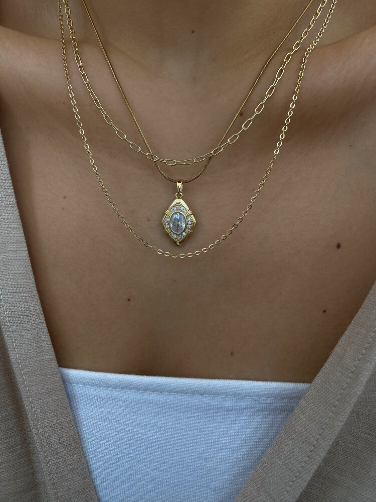 Crystal | Vintage Oval Taşlı Gold Çelik Kolye
