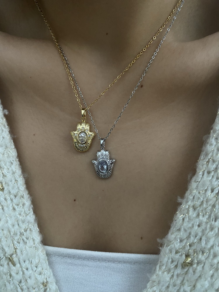 Oval Taşlı Hamsa (Fatma Ana El) Çelik Kolye