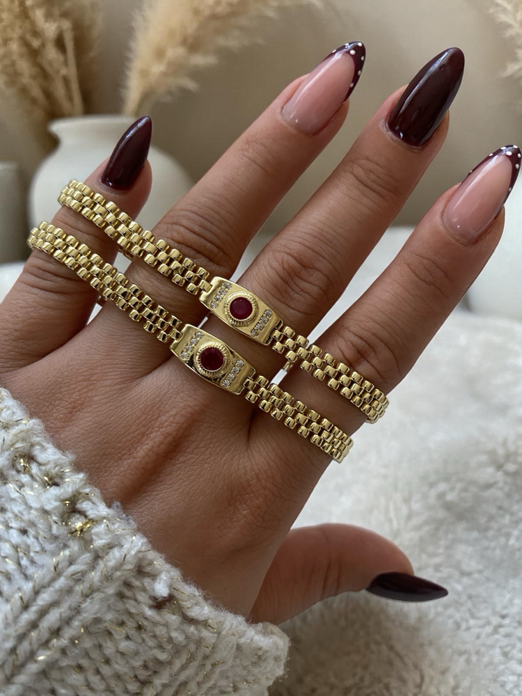 Özel Seri | 14K Vintage Ortası Bordo Taşlı Kordon Model Bileklik