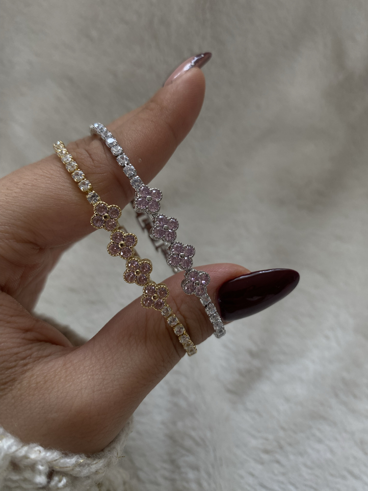 Özel Seri | Yonca Model Pembe Taşlı Su Yolu Bileklik
