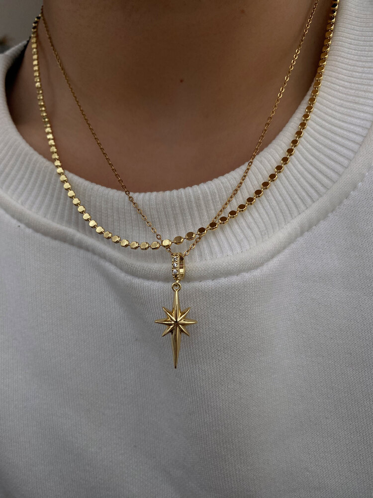 Minimal Kuzey Yıldızı Gold Çelik Kolye (Yılan Model Zincir) 