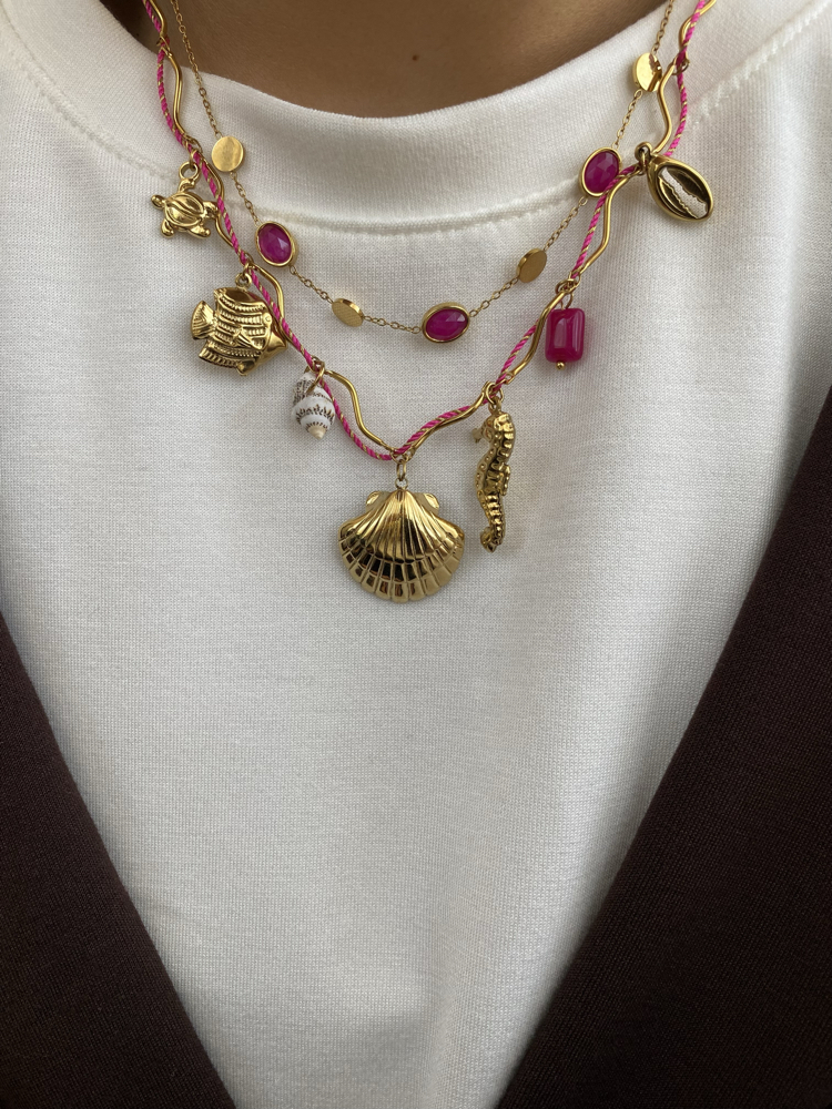 Pembe Oval Taşlı & Pembe İp Detay Charm’lı İkili Çelik Kolye Kombin Seti