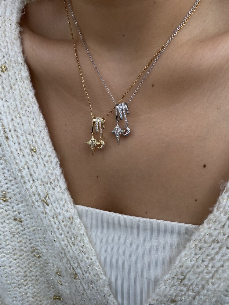 Vintage Ay Yıldız Figür Taşlı Charm Kolye