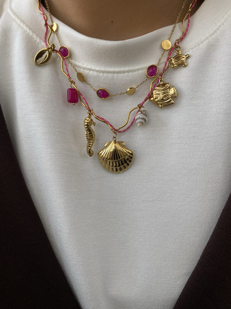 Pembe Oval Taşlı & Pembe İp Detay Charm’lı İkili Çelik Kolye Kombin Seti