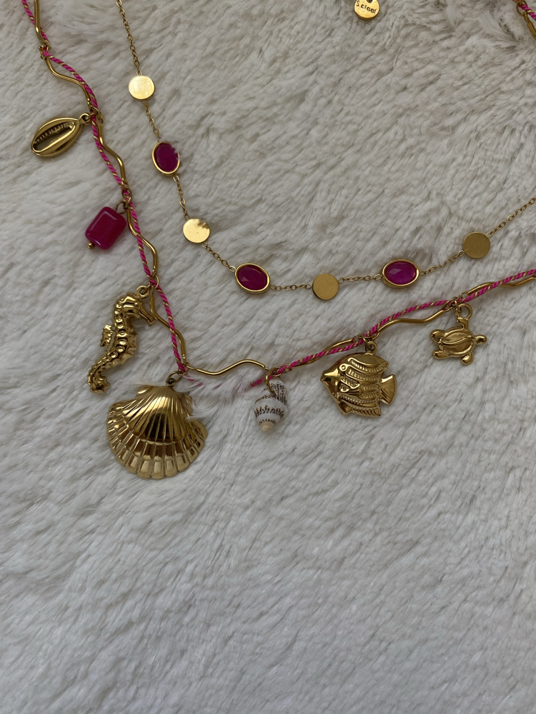 Pembe Oval Taşlı & Pembe İp Detay Charm’lı İkili Çelik Kolye Kombin Seti