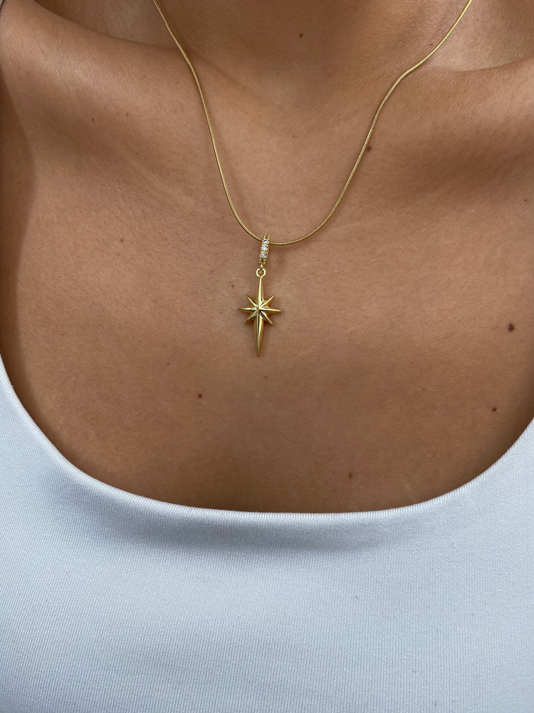 Minimal Kuzey Yıldızı Gold Çelik Kolye (Yılan Model Zincir) 