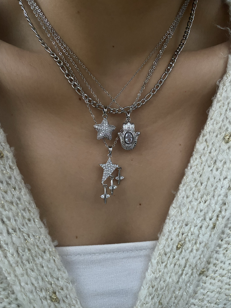 Oval Taşlı Hamsa (Fatma Ana El) Çelik Kolye