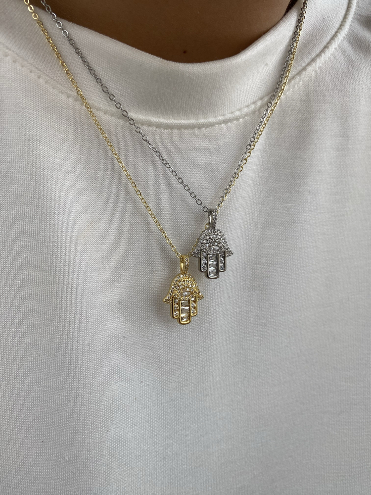 Zirkon Taşlı Fatma Ana (Hamsa) Çelik Kolye