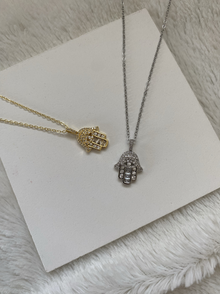 Zirkon Taşlı Fatma Ana (Hamsa) Çelik Kolye