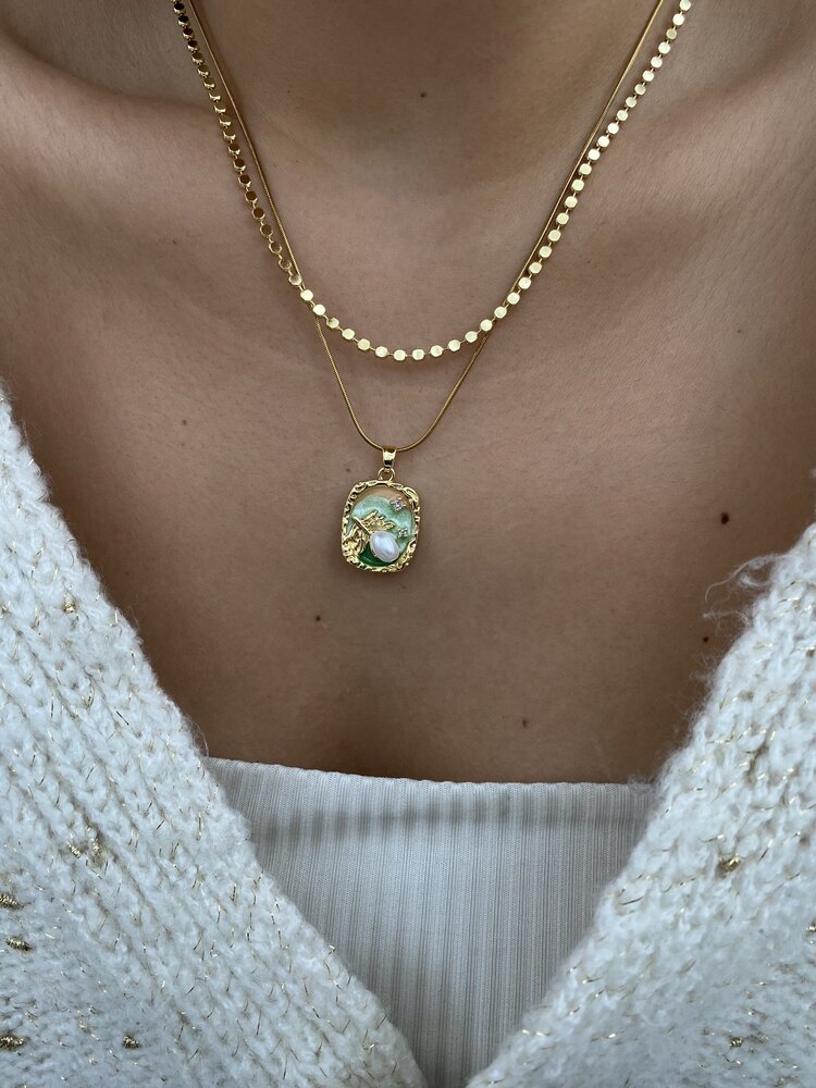 Pearl Vintage İnci Çiçekli Kare Çerçeve Çelik Kolye