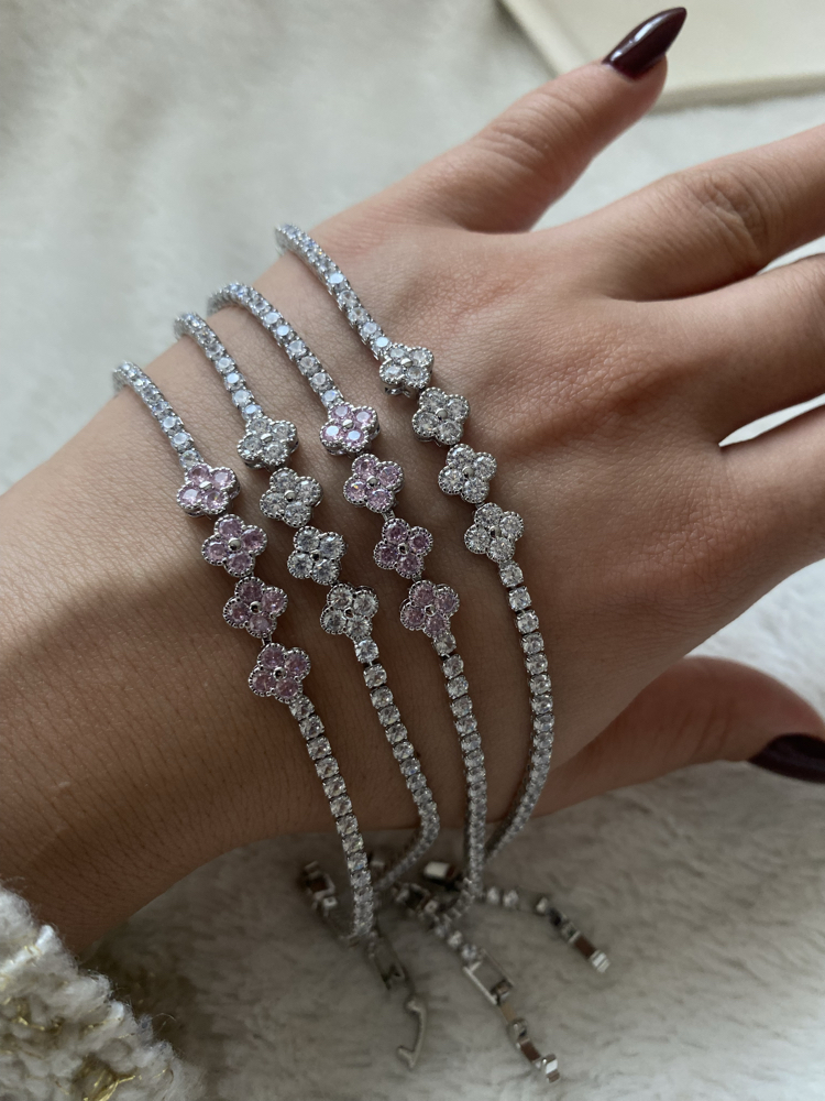 Özel Seri | Yonca Model Pembe Taşlı Su Yolu Bileklik