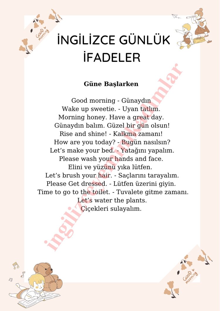 Çocuklar ve ebeveynler için Günlük İngilizce Kelime ve Cümleler ( 16 sayfa )