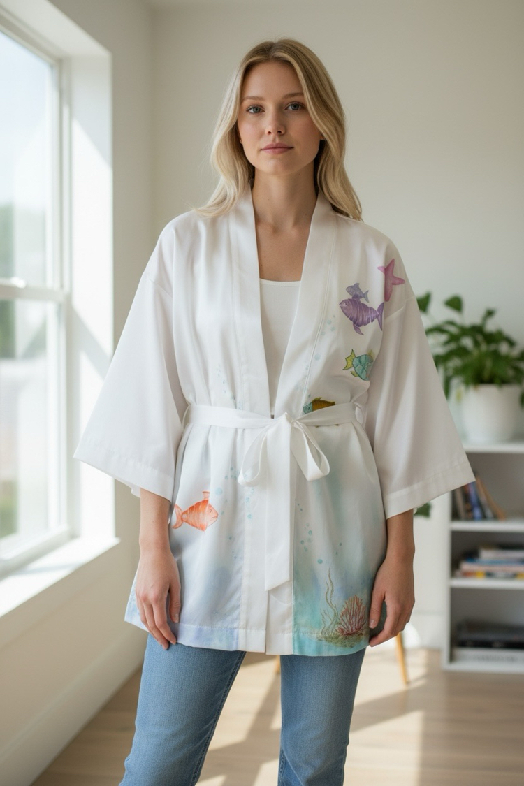 Kimono, hand-painted • Aqua