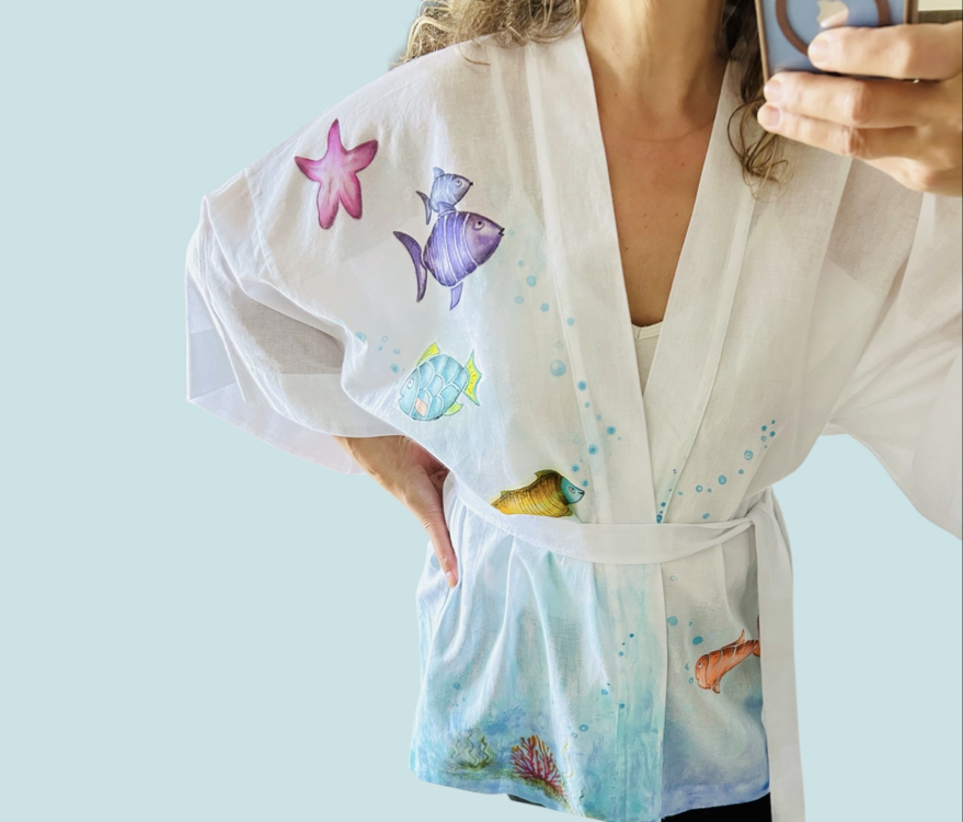 Kimono, hand-painted • Aqua