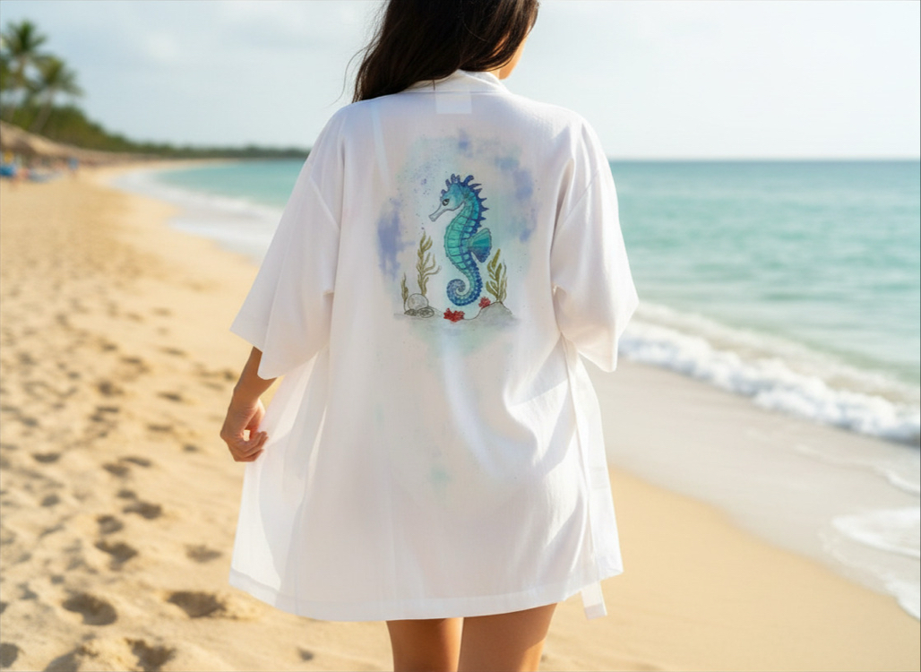 Kimono, hand-painted • Seahorse