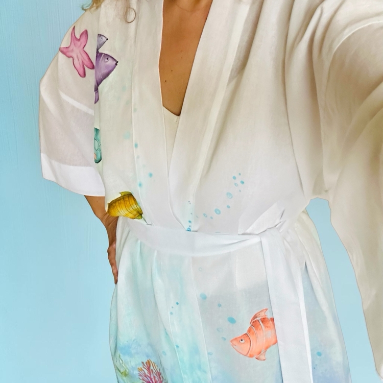 Kimono, hand-painted • Aqua