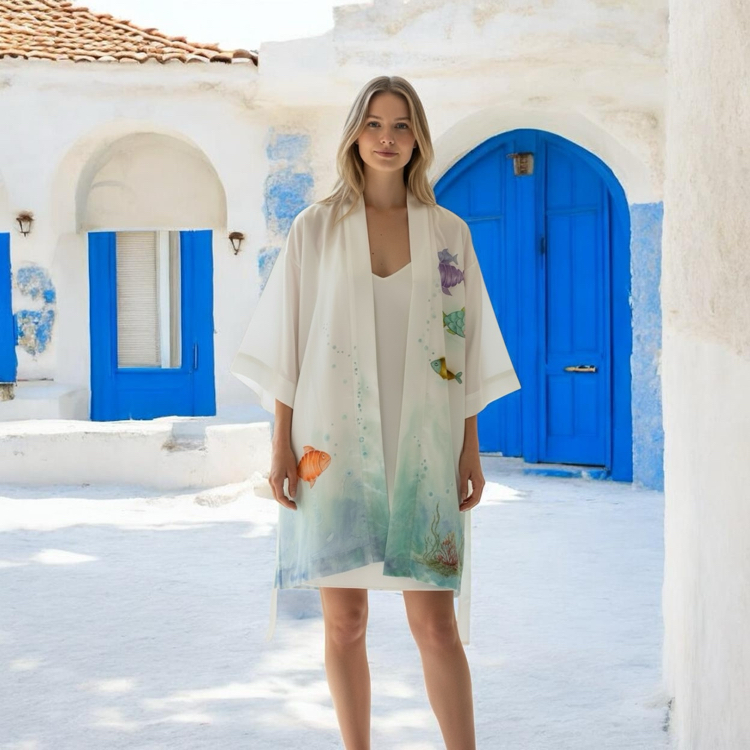 Kimono, hand-painted • Aqua