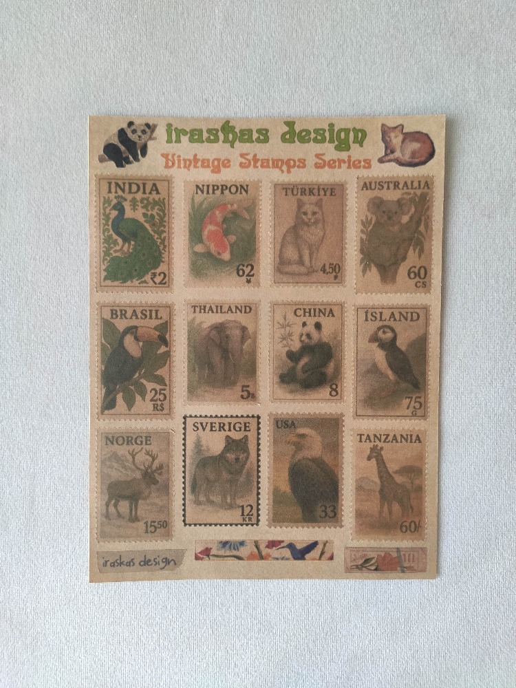 2'li Ülke & Hayvan Temalı Kraft Pul Sticker Seti