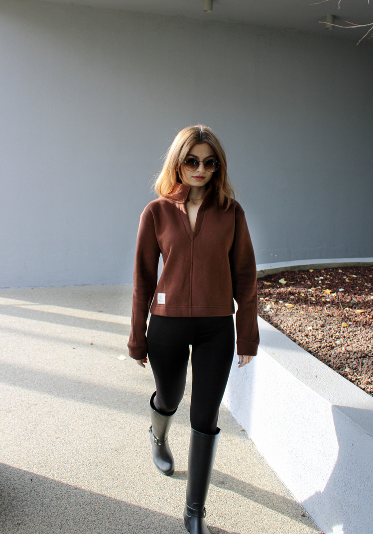 Kahverengi Bloom Crop Hakim Yaka Sweatshirt