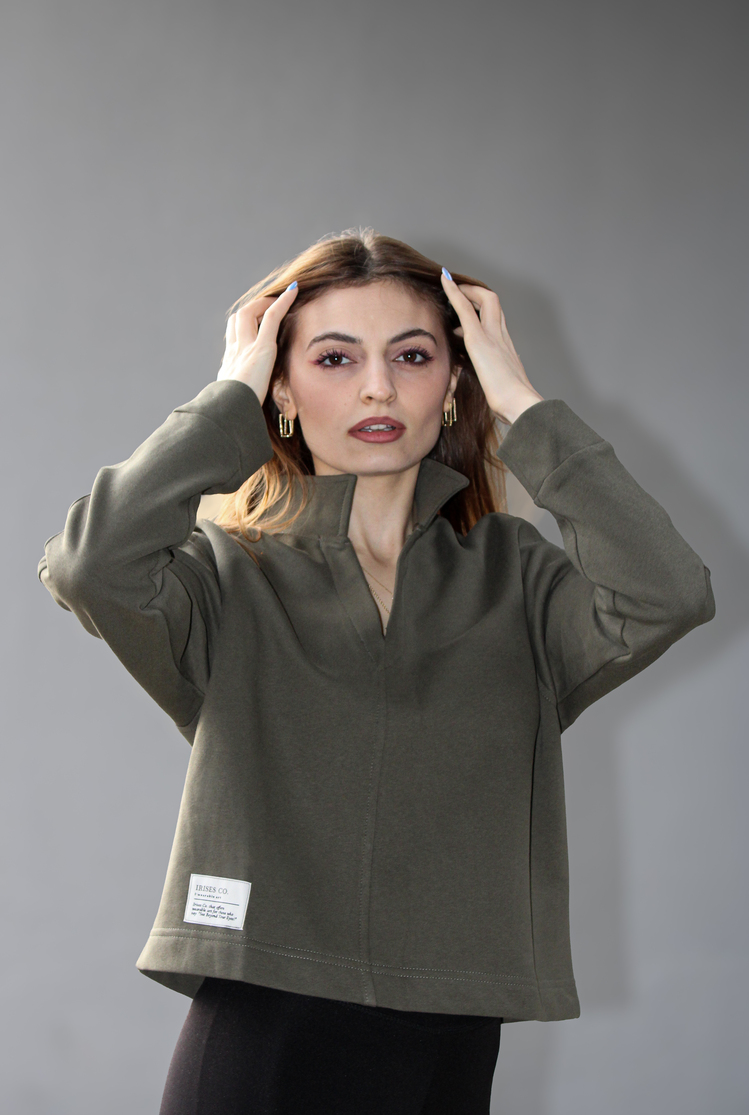 Haki Bloom Crop Hakim Yaka Sweatshirt