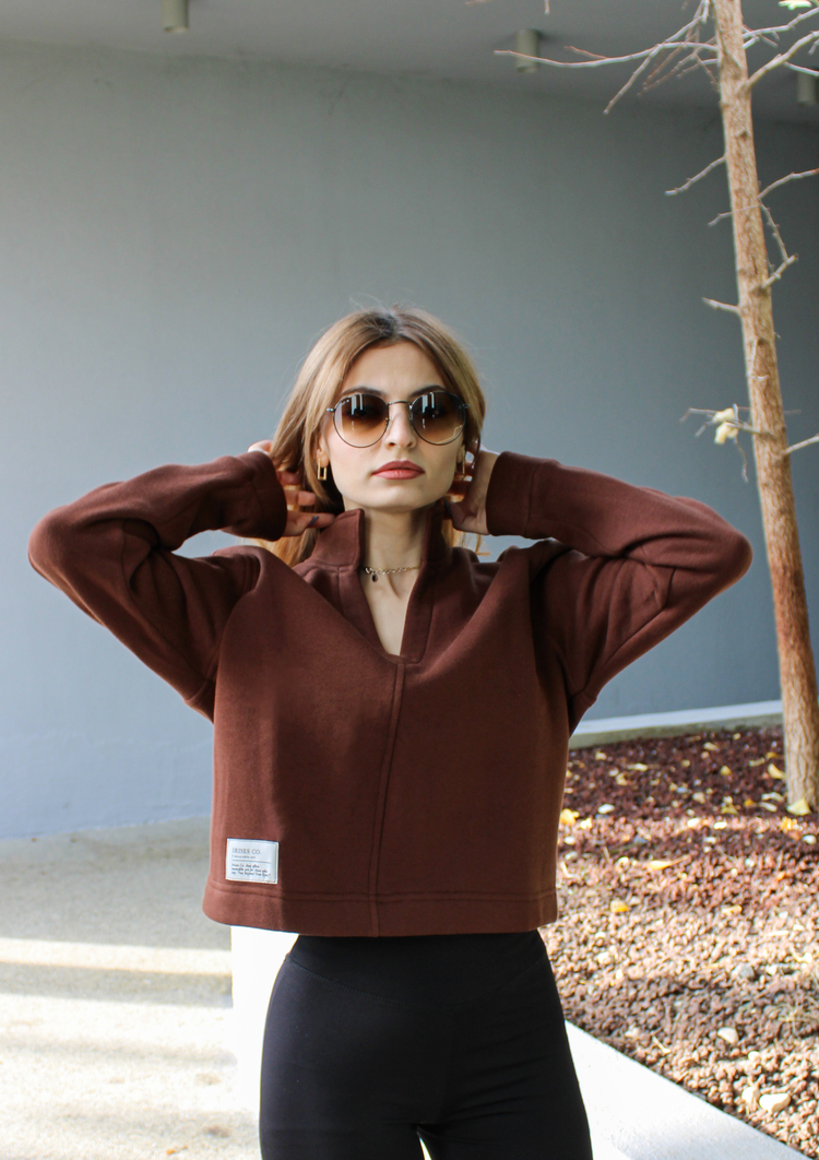 Kahverengi Bloom Crop Hakim Yaka Sweatshirt