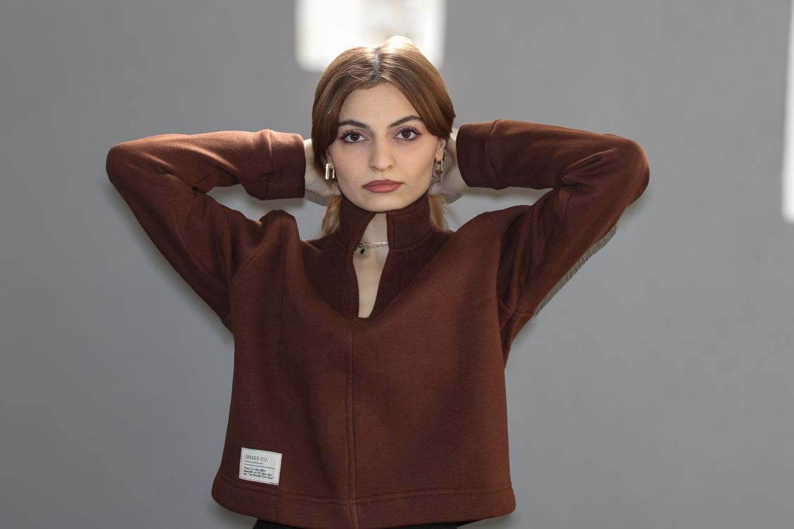 Kahverengi Bloom Crop Hakim Yaka Sweatshirt