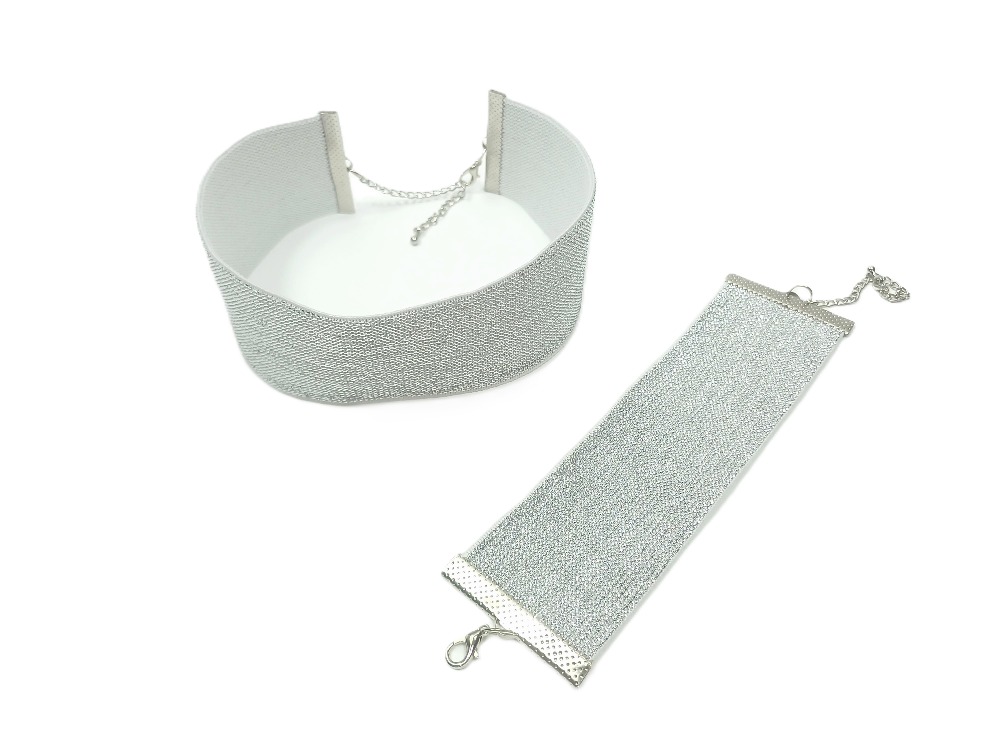 Gümüş Simli Elastik Choker ve Bileklik Seti - Eni 4 cm