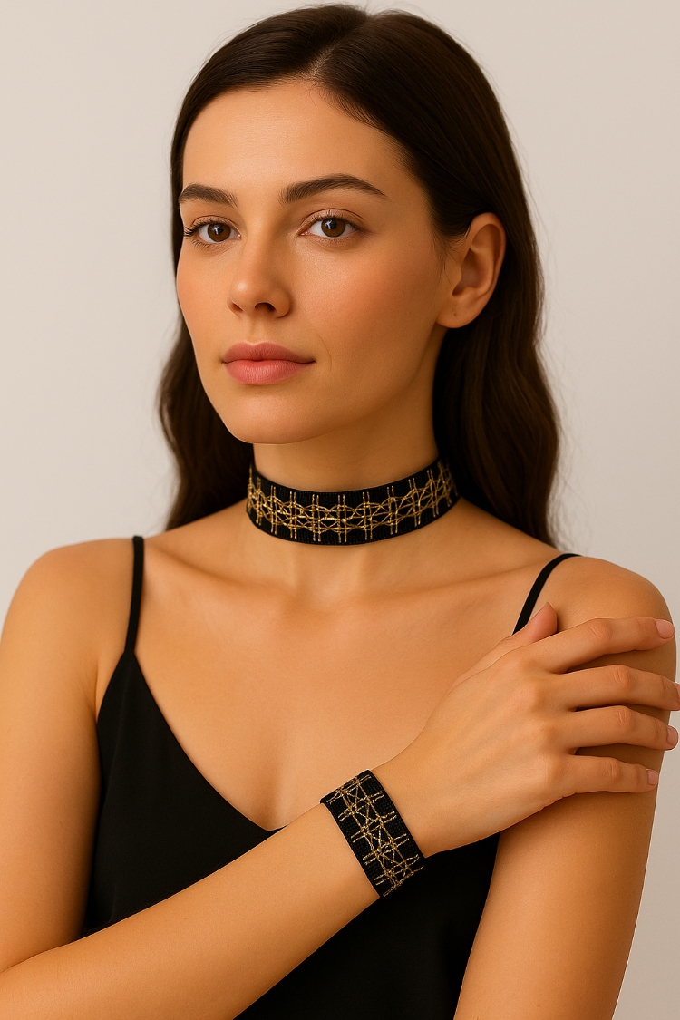 Altın İşlemeli Choker ve Bileklik Seti
