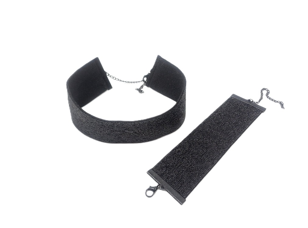 Simli Siyah Elastik Choker Bileklik Set - 4 cm Eni