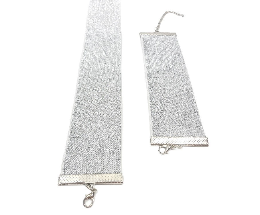 Gümüş Simli Elastik Choker ve Bileklik Seti - Eni 4 cm
