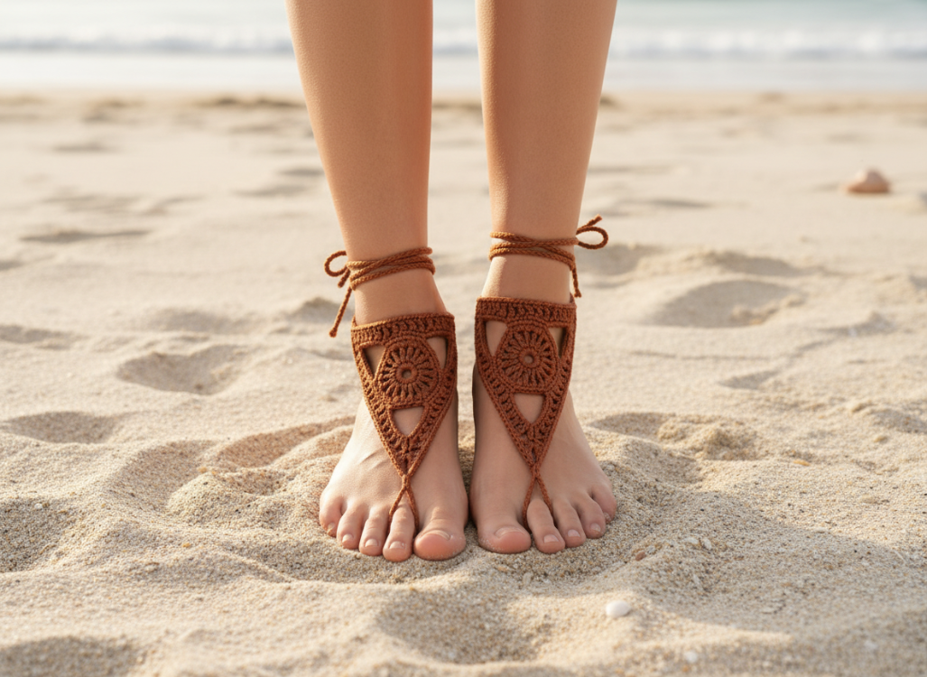 Boho Stil Barefoot Sandal – El Yapımı Tarçın Ayak Aksesuarı (Çift)