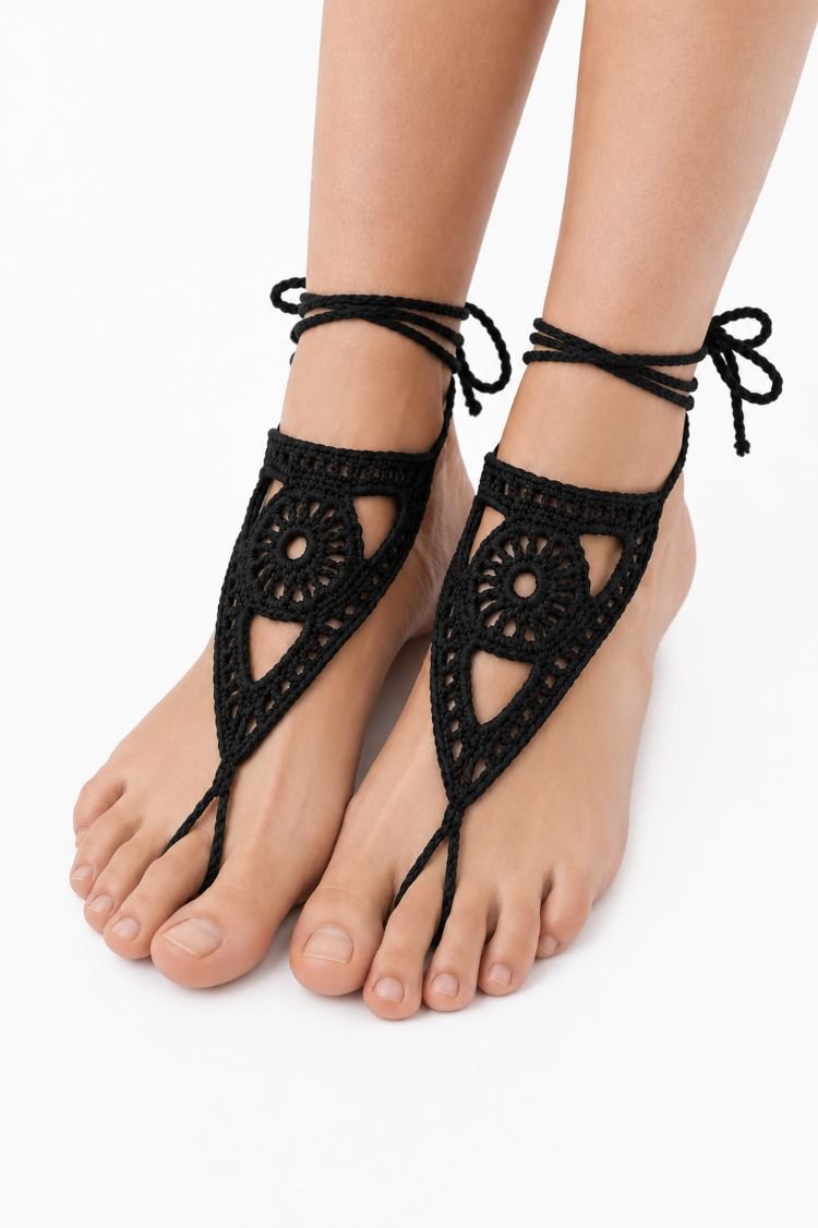 Boho Stil Barefoot Sandal – El Yapımı Siyah Ayak Aksesuarı (Çift)