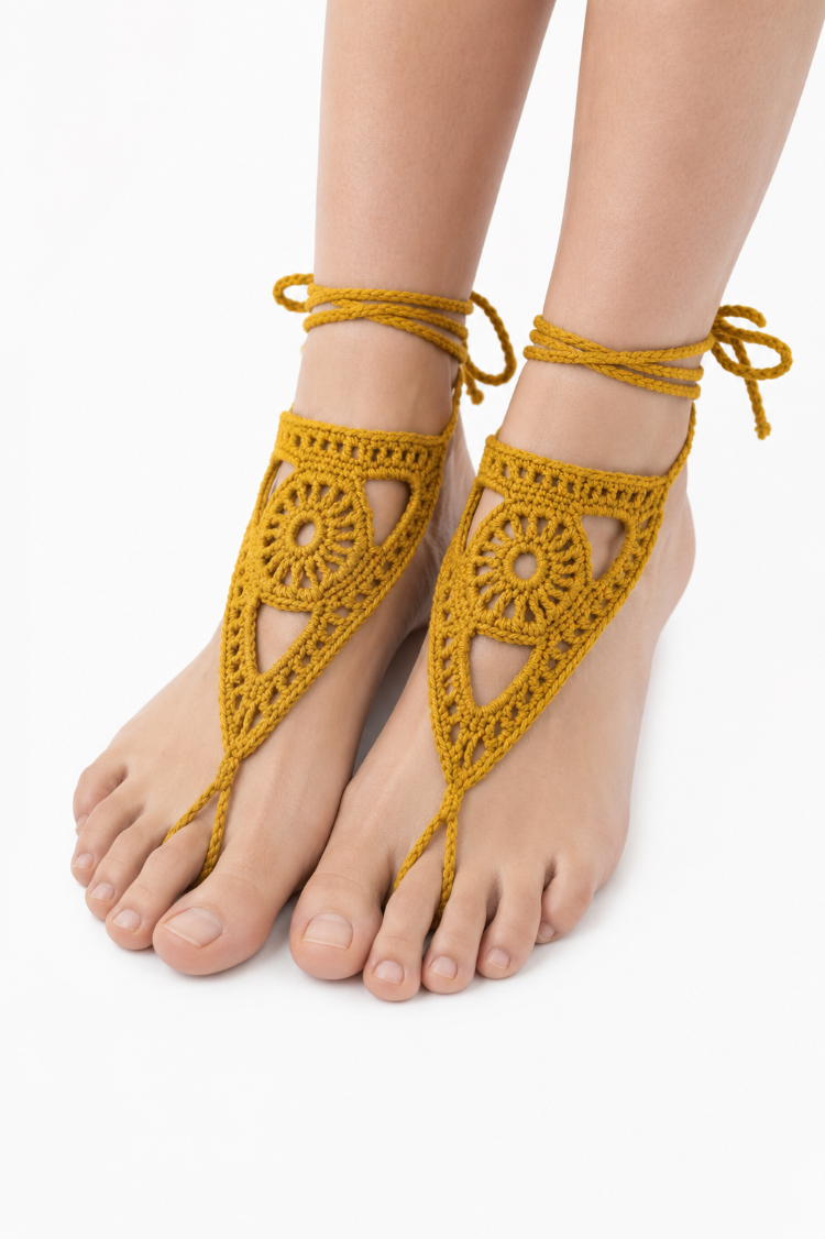 Boho Stil Barefoot Sandal – El Yapımı Hardal Ayak Aksesuarı (Çift)