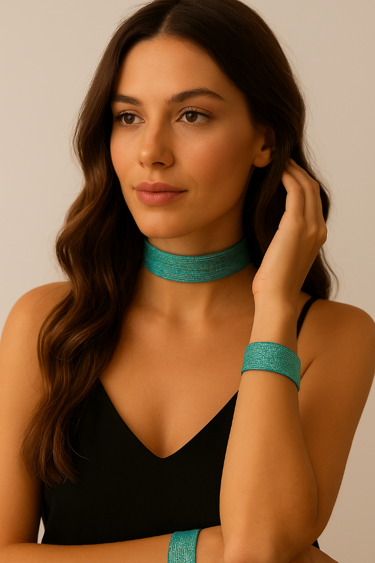 Turkuaz Simli Choker ve Bileklik Seti