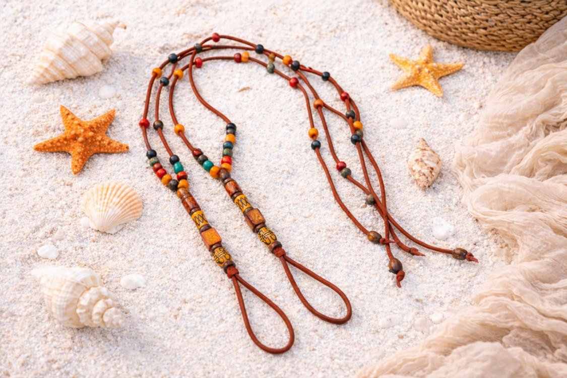 Süet Barefoot Sandal – Renkli Ahşap Boncuklu Çift Halhal