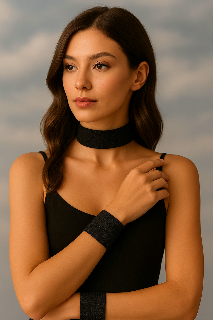 Simli Siyah Elastik Choker Bileklik Set - 4 cm Eni
