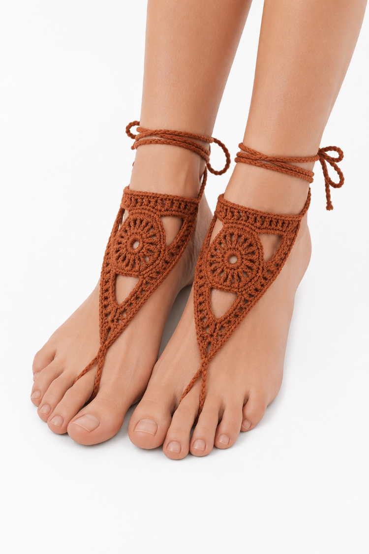 Boho Stil Barefoot Sandal – El Yapımı Tarçın Ayak Aksesuarı (Çift)