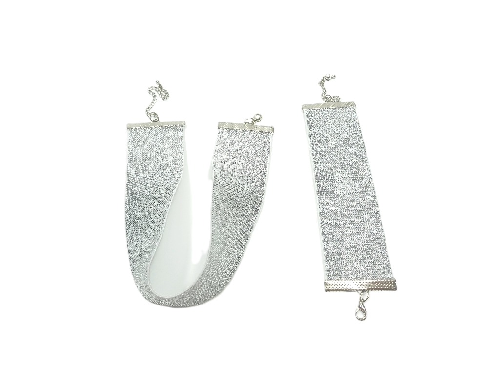 Gümüş Simli Elastik Choker ve Bileklik Seti - Eni 4 cm