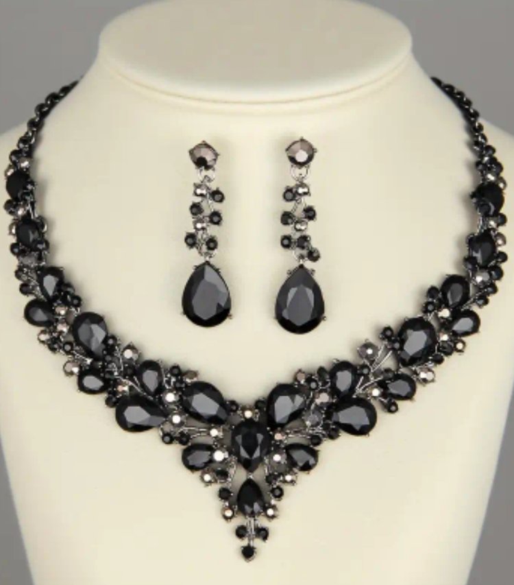 Black Crystal Statement Necklace & Earring Set