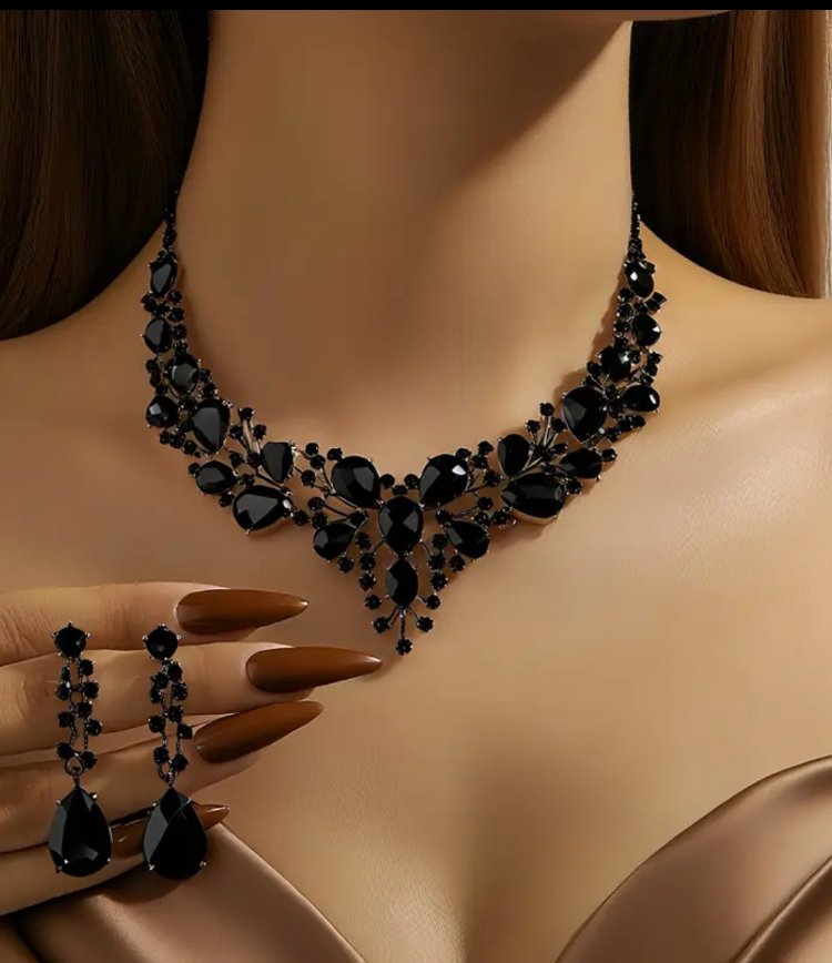 Black Crystal Statement Necklace & Earring Set
