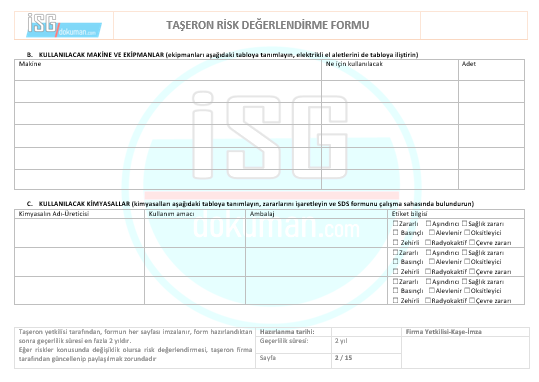 Taşeron Hizmeti Pratik Risk Değerlendirme Formu