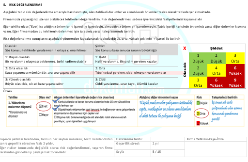 Taşeron Hizmeti Pratik Risk Değerlendirme Formu