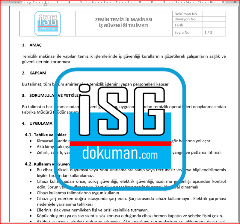 Zemin temizlik makinası iş güvenliği talimatı
