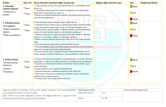 Taşeron Hizmeti Pratik Risk Değerlendirme Formu