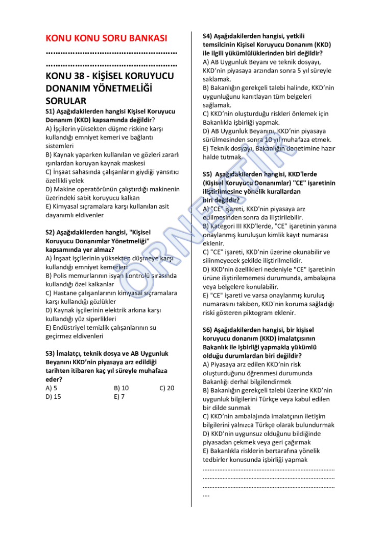 KONU KONU SORU BANKASI(CEVAP ANAHTARLI)-İŞ GÜVENLİĞİ UZMANLIK SINAVLARI