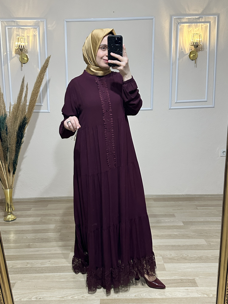 Güpür detaylı viskon elbise BORDO 