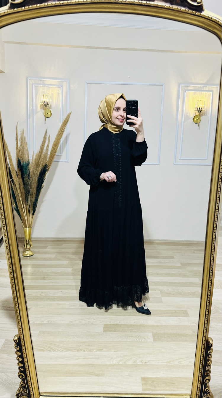 Güpür detaylı viskon elbise SİYAH 