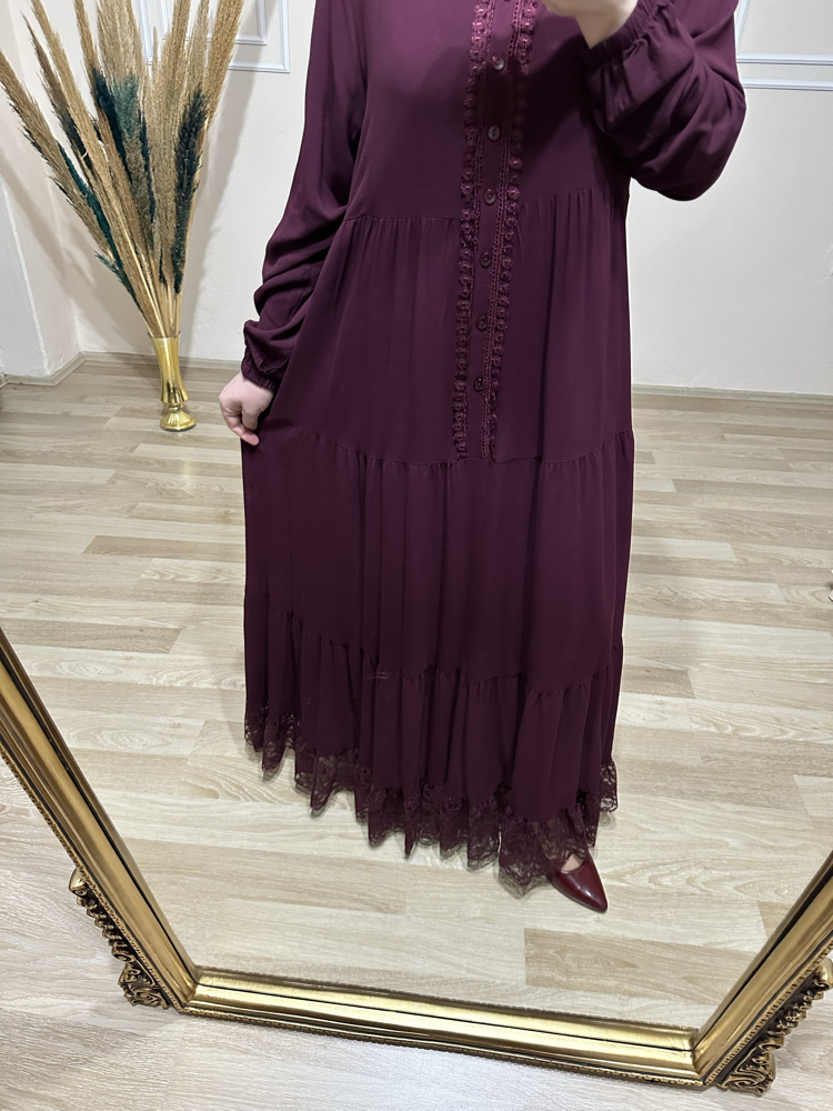 Güpür detaylı viskon elbise BORDO 