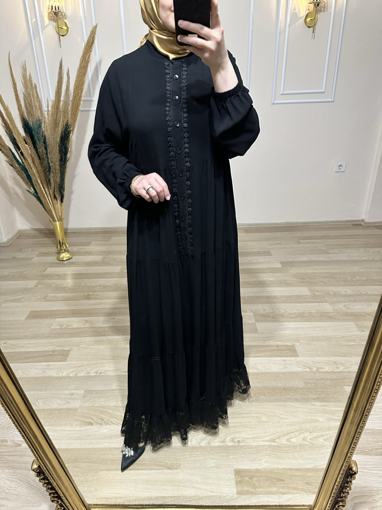 Güpür detaylı viskon elbise SİYAH 