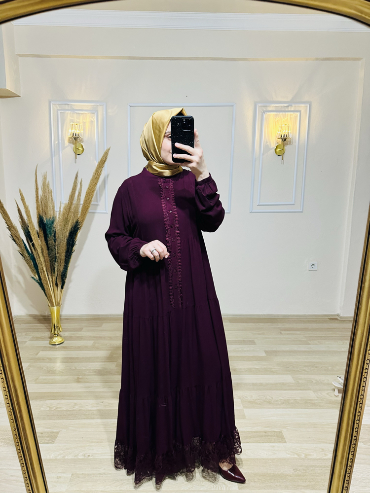 Güpür detaylı viskon elbise BORDO 